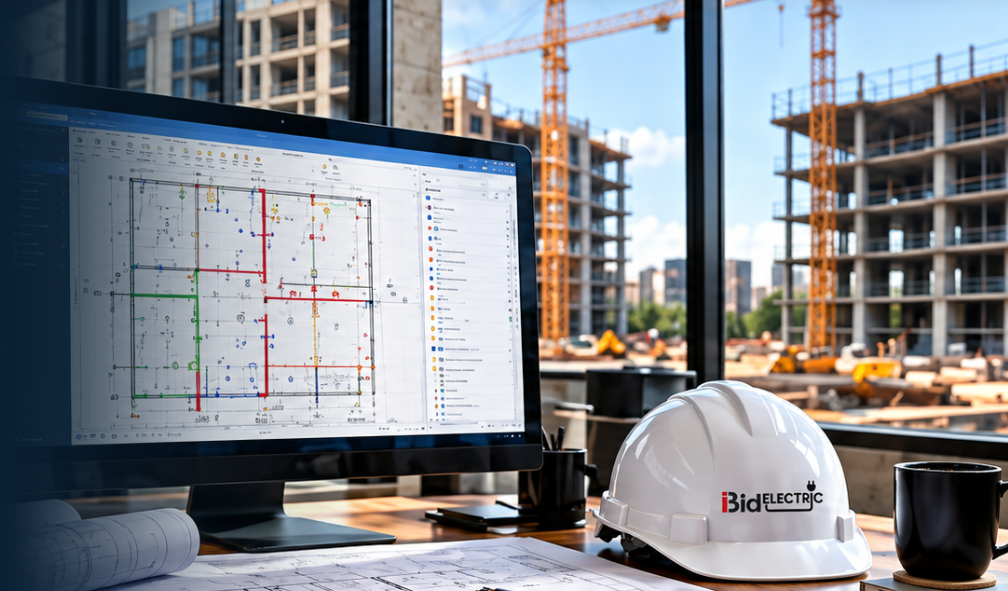 Electrical estimating takeoff displayed on a monitor beside an iBidElectric hardhat at a construction site