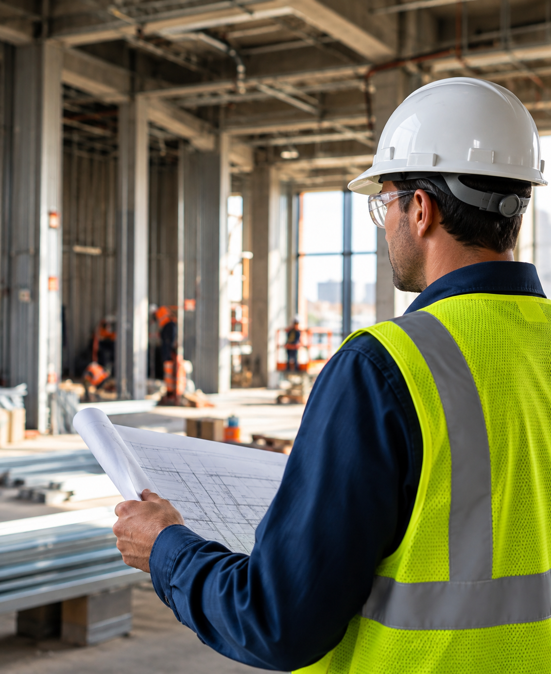 Construction professionals reviewing electrical drawings