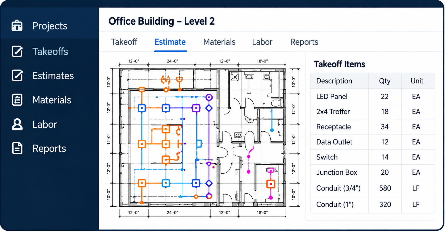 Digital electrical estimating takeoff